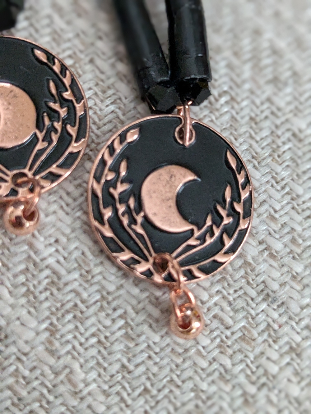 Indigenous Black and Rose Gold Crescent Moon Drop Earrings - Picture 3 of 5